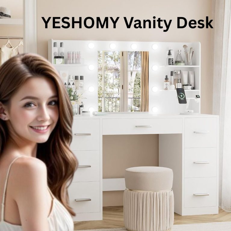YESHOMY Lighted Vanity Desk with Mirror & 7 Drawers – White